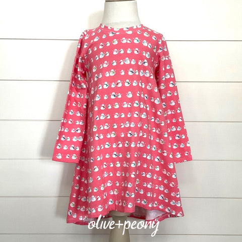 Cozy Christmas T-Shirt Dress - Pink Snowman