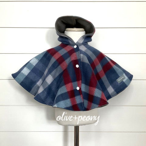 Plaid About You Poncho - Blue, White & Rust Plaid/Dark Gray Lining